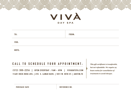 Image of a Viva Day Spa instant gift certificate design that can be sent via email or printed out.