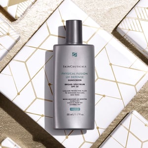 Bottle of SkinCeuticals Physcial Fusion UV Defense Sunscreen, a broad spectrum and water resistant face sunscreen with SPF 50