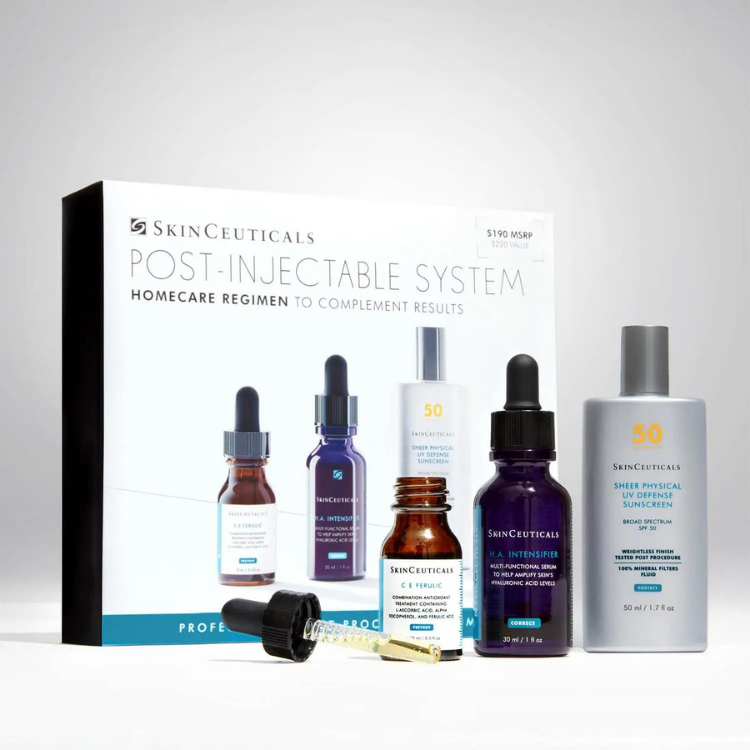 SkinCeuticals recommended skin care products for after Botox: CE Ferulic serum, H.A. Intensifier and daily Physical Fusion sunscreen. All three products are part of the specially priced Post-Injection Kit.