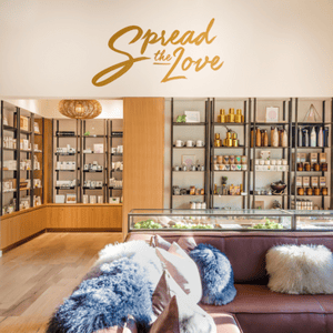 "Spread The Love" mural in lobby of Viva Day Spa + Med Spa at The Domain Northside in Austin, Texas.