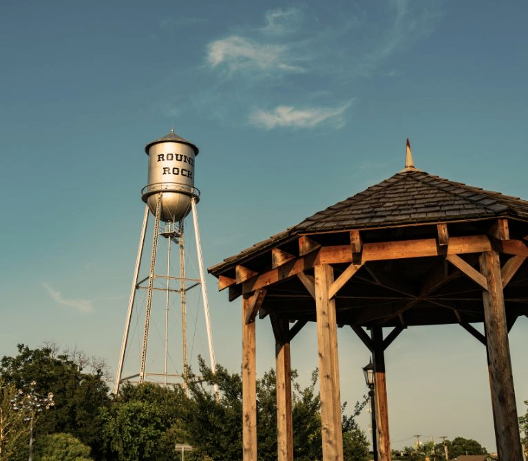 Round Rock Texas water tower and gazebo landmark near downtown Round Rock
