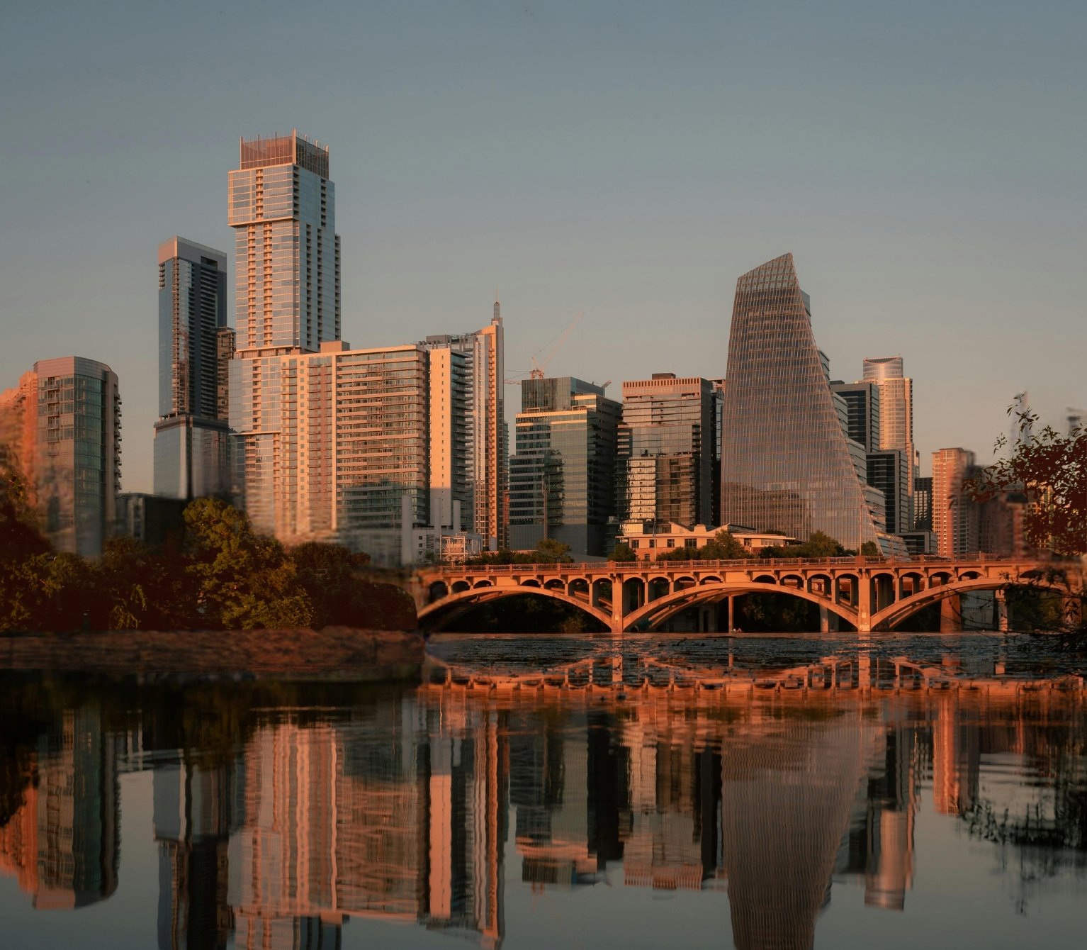 The Austin city skyline with beautiful fall foliage