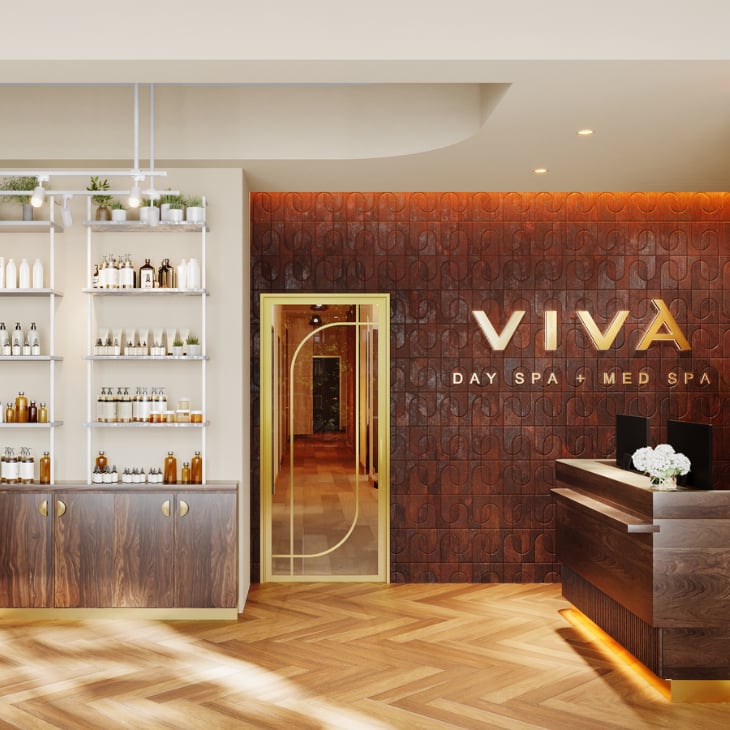 The lobby at Viva Day Spa + Med Spa Morningside in Atlanta, GA, welcomes guests with warm wood finishes, a gold-framed glass door, and professional skin care product displays.