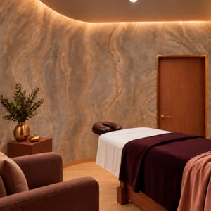 A treatment room at Viva Day Spa + Med Spa Morningside in Atlanta, GA, offers a tranquil setting with a massage table, deep chocolate brown linens, and softly illuminated stone walls.